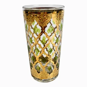 💥 CULVER Signed MCM VALENCIA 5.5" 22k Gold Green DIamond Highball Glass Tumbler - Picture 1 of 3