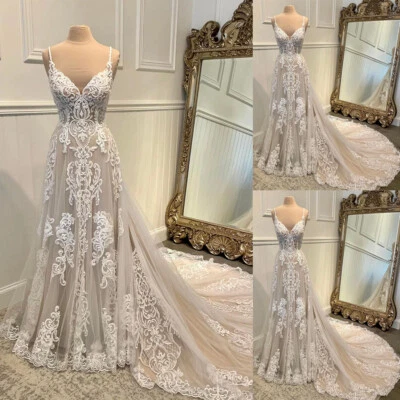 Beach Wedding Dresses Spaghetti Strap Lace Appliques Champagne Bridal Gowns - Image 1 of 4
