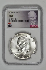 1974 S $1 Silver Eisenhower Dollar NGC MS 68 with Exclusive Label and New Holder - Picture 1 of 2
