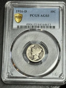 Moneda de diez centavos Mercury 1916 D fecha clave certificada graduación profesional AG3 se ve bien bien (Slab3198) - Imagen 1 de 2