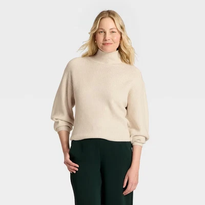 Women's Funnel Pullover Sweater - A New Day Oatmeal M - Image 1 of 4