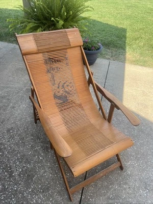 Vintage Japanese Slatted Bamboo Deck Sling Solid Wood Folding Lounge Chair MCM - Image 1 of 4