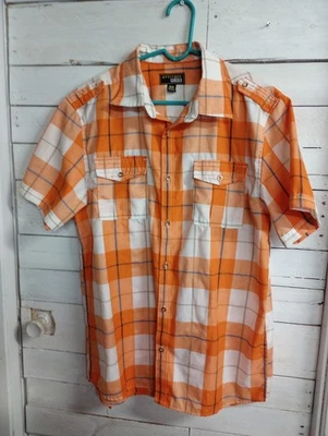 Attitude Plaid Men’s Shirt XL Orange White Short Sleeve Button Front Casual  - Image 1 of 4