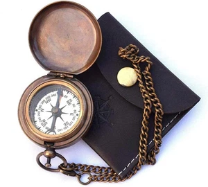Handmade Nautical Brass Push Open Compass on Chain with Leather Case, Pocket Com - Picture 1 of 8