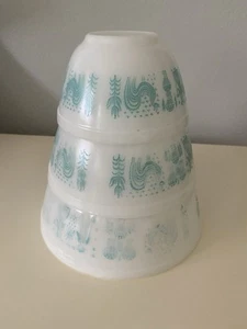 Cuencos Vintage Pyrex Turquesa Todo Blanco Estampado Mantequilla Amish - Imagen 1 de 12