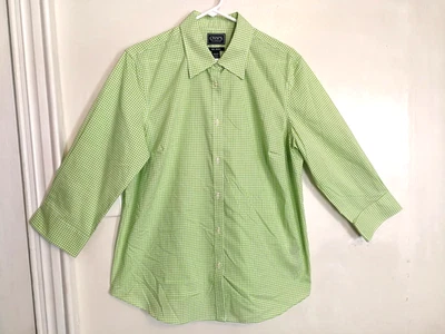 Blusa Chaps Classics para mujer 1X verde blanca sin cuadros de hierro manga 3/4 abotonada Foto 1 de 4