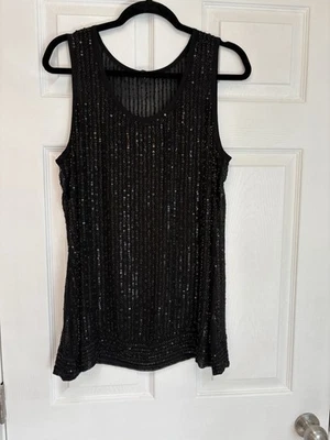 NWOT Eileen Fisher Womens Tunic Top Sleeveless Sheer Sequins Eyelets Black M - Image 1 of 4