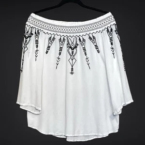 Terre Bleue Blouse Womens Medium White Black Embroidered Off Shoulder Boho Top - Picture 1 of 7
