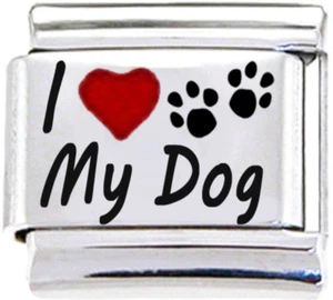 DOG I LOVE MY PET PAW RH Laser Italian 9mm Charm DG418 Fits Traditional Classic - Foto 1 di 2