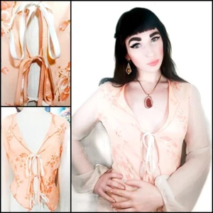 Vintage 1970s Lace Up Sheer Coral Fairy Flowy Blouse - Picture 1 of 7