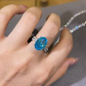 6ct Oval Cut 925 Silver 18K GP blue tech Diamond  Fire flashy ring Gift Gift - Picture 1 of 8