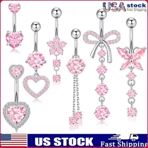 7 Dangle Belly Button Ring, Piercing SS Belly Rings, C Z Heart Butterfly Flower - Picture 1 of 9