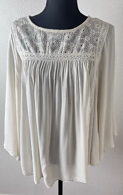 Wm's L Boho Embroidered Ivory Blouse Batwing Sleeve Chic Romantic Cottage - Image 1 of 4