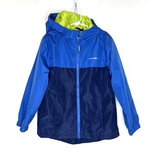 Eddie Bauer Boys 5/6 XS Hooded Blue Jacket Pockets Zip front Lime Lined - Picture 1 of 5