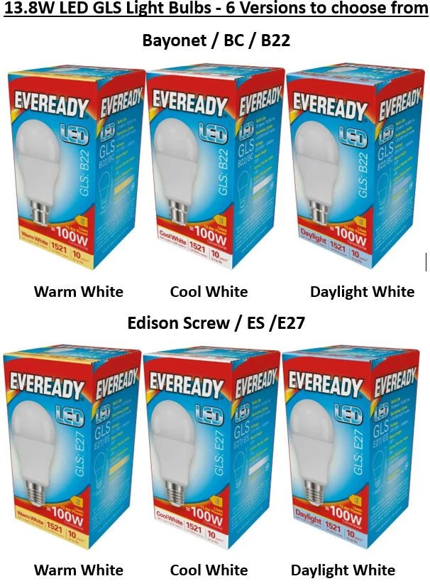 3 X 13.2w 100w LED Bayonet BC GLS Light Bulb Daylight White 100 Watt EVEREADY