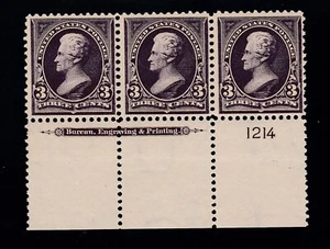 US 268 3c Jackson Mint Bottom Plate #1214 Strip of 3 F-VF OG NH SCV $400 - Picture 1 of 2