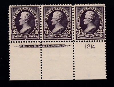 US 268 3c Jackson Mint Bottom Plate #1214 Strip of 3 F-VF OG NH SCV $400 - Image 1 of 2