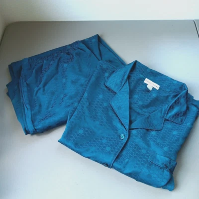 Miss Elaine Pajamas Set Womens XL Teal Two Piece Notch Top Pull On Pants Lounge - Image 1 of 4