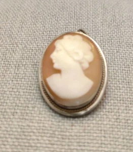 VTG Marked 800 Silver Shell Carved Cameo Brooch Pin Pendant - Picture 1 of 4