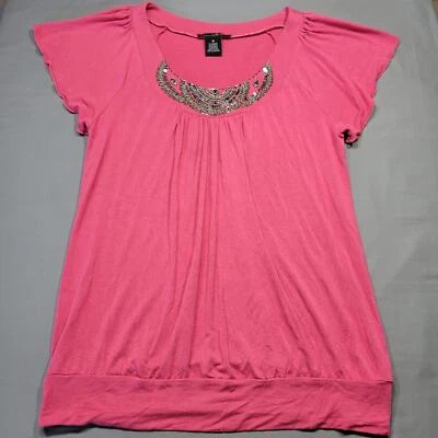 Willi Smith Women's Shirt Size M Red Stretch Preppy Beaded Scoop Flutter Sleeves - Imagem 1 de 4