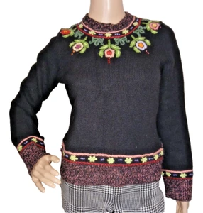 LUCKY BRAND Womens Sweater Small Black Embroidered Wool Cashmere Angora. T47 - Picture 1 of 14