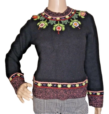 Suéter para mujer LUCKY BRAND pequeño negro bordado lana cachemir angora.    T47 Foto 1 de 4