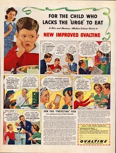 Ovaltine For the Child Who Won't Eat Cartoon Zeichnung WWII Vintage Print Ad 1943 - Bild 1 von 4