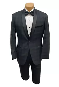 Men's Ike Behar Chester Black Plaid Tuxedo Jacket with Satin Lapels Slim Fit 54L - Picture 1 of 5