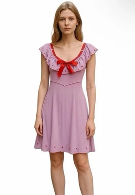 Vestido Betsey Johnson XS mistura de seda babado fita laço Y2K Milkmaid Fairy Coquette - Imagem 1 de 4