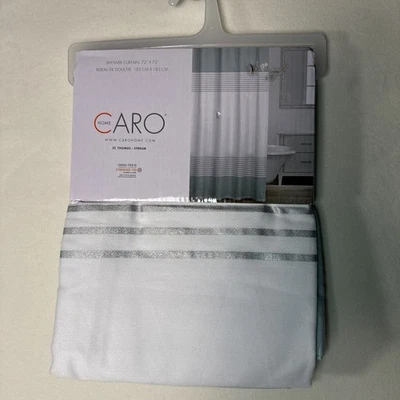 Caro Home Shower Curtain White Silver Blue 72x72 New In Package - Image 1 of 4