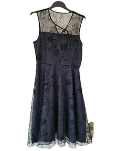 NWT Lindy Bop Black Lace Overlay Navy Satin Dress Retro 50s 60s Pinup Rockabilly - Picture 1 of 8