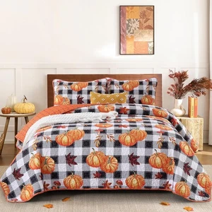 Herbst Patchwork Quilt Queen Size, weiche Kürbisse Ahornblätter Thema Tagesdecke mit - Bild 1 von 4