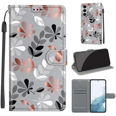 Grey Base Flower Card Wallet Case For Various Phone Women Girl Flip Holder Cover - Image 1 of 4
