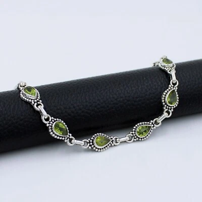 925 Sterling Silver Peridot Pear  Bracelet Jewelry Mother's Day Gift - Image 1 of 4