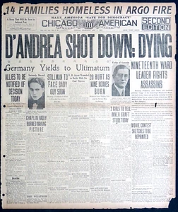 Portada del periódico Chicago 1921 - Jefe de la mafia Tony D'Andrea derribado; muriendo - Imagen 1 de 4