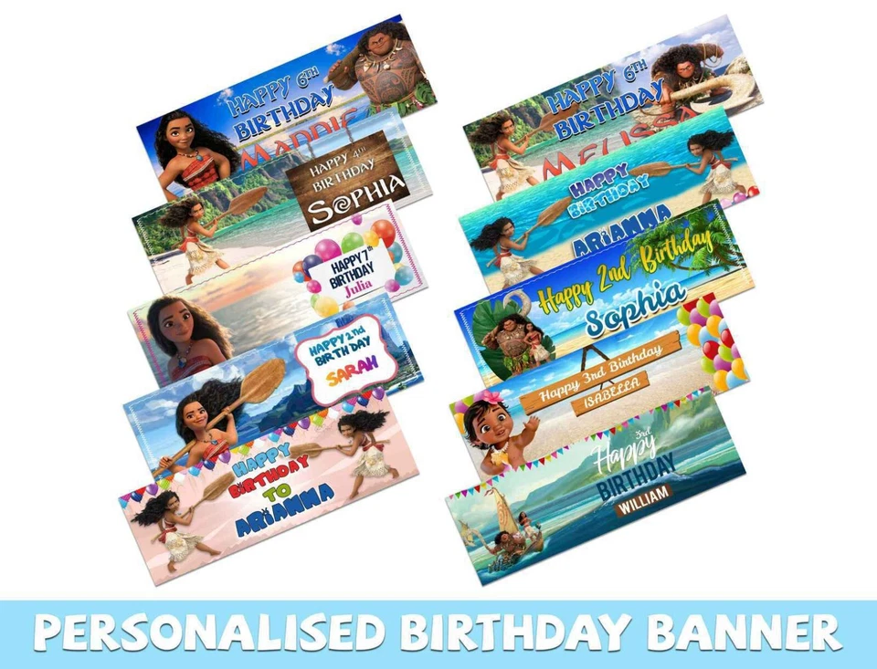 Personalised Moana Design Birthday Banners Kid Party Decoration Children 89 - Image 1 of 1