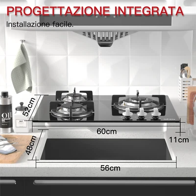 IsEasy Piano Cottura a Gas 3 fuochi gas zone da 60 cm incasso Vetro Nero 7750W - Immagine 1 di 4