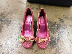 Retro Esprit Raspberry Pink Kitten Heel Satin Bow trim Loafer Moccasins Fringe - Picture 1 of 7