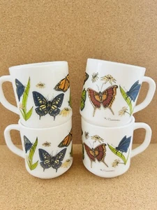 Vtg Mcm Arcopal France Milk Glass Coffee Mugs With Butterflies Artist Signed - Picture 1 of 6