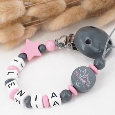 MOTZISBUNTEWELT Schnullerkette mit Namen ♥ Mädchen ♥ kleine PRINZESSIN ★ Baby rosa pink grau