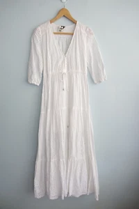JAASE Maxi Dress XS Extra Small White Eyelet Embroidered Tiered Boho Gypsy Flowy - Picture 1 of 24