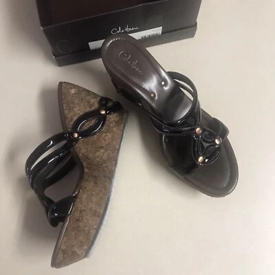 Sandalias de cuña Cole Haan para mujer marrón charol con tiras zapatos de tacón talla 11B Foto 1 de 4