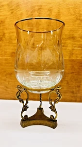 Vintage Cut Crystal Glass Hurricane Candle Holder With Brass Stand 9" - Picture 1 of 7