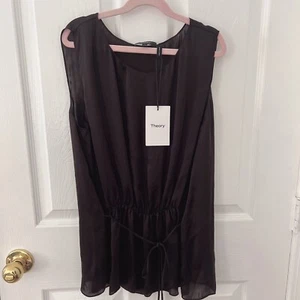 Theory Womens size MShirred Silk Tank In Black Light Charmeuse NWT $295 - Picture 1 of 5