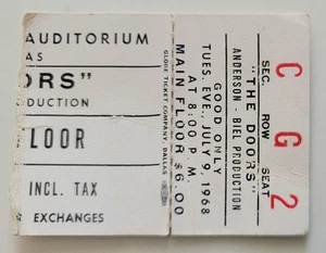 The Doors & Moving Sidewalks 7/9/68 Dallas Mega Rare Ticket Stub Billy Gibbons - Picture 1 of 1
