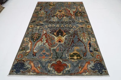 Alfombra de área gris floral tribal de 6 x 8 pies alfombra de lana afgana anudada a mano teñida vegetal Foto 1 de 4