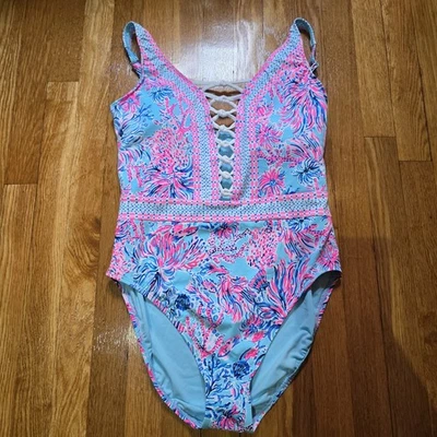 LILLY PULITZER Caseylee Lattice One Piece Swimsuit  "SEEK AND SEA"  Size 12 NWOT - Image 1 of 4