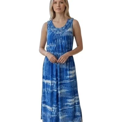 Maxi Vestido para Mujer Faded Glory Tie Dye S Azul y Blanco Cordón Cintura Sin Mangas Foto 1 de 4