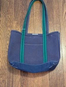 LL Bean Canvas Boat & Tote Bag, Navy Blue & Green - Vintage Made In USA Medium - Picture 1 of 9