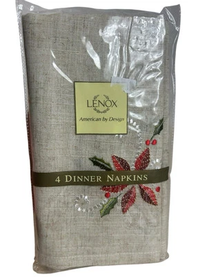 Lenox 4 Cloth Napkins Christmas Holly Berry Beige Linen Poly Embroidered - Image 1 of 3